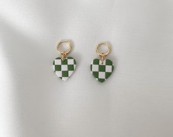 Green Earrings, Checkered, heart earrings, Polymer Clay Earrings, aesthetic earrings, earrings dangle, minimalist earrings, clay earrings