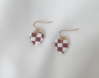 Red Earrings, Checkered, heart earrings, Polymer Clay Earrings, aesthetic earrings, earrings dangle, minimalist earrings, clay earrings