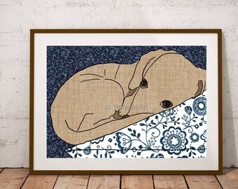 Dachshund Fabric Collage Art Print, Navy and Beige Dog Wall Decor
