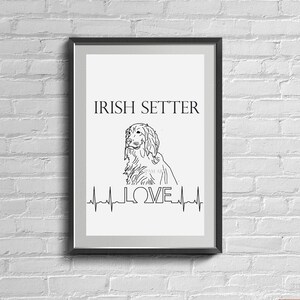 Irish Setter Love line drawing, pet sketch art print, black and white, gift for dog owner, dog room decor, TexipamArt, request other breeds