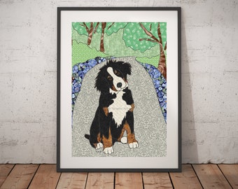 Art PRINT Bernese Mountain Dog, breed portrait art, black and tan pet portrait, multiptle sizes available, collage art by Texipam Art
