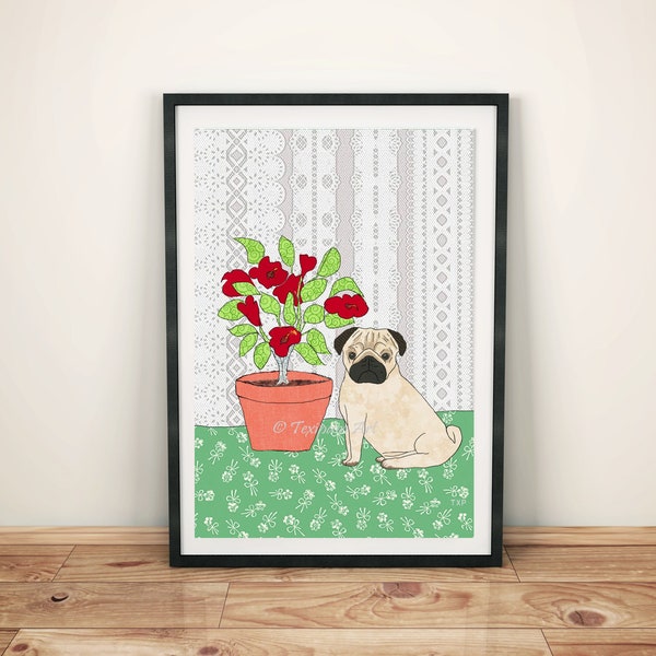 Pug PRINT, pug portrait, hibiscus print, fabric collage, dog breed art print, floral art, quilting fabric print, 5x7, 8x10, 11x14, JosieLoos