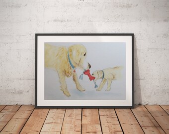 Gloden and Puppy Play, yellow dog art, golden retriever art print, dogs palying tug, art print of original watercolor, neutrals, TexipamArt