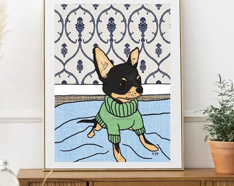 Black Chihuahua art print,Chihuahua pet portrait,folk art dog,dog breed art,funny dog,whimsical pet portrait,pup art,Texipam Art