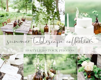 Sommer Hochzeit Tablescape Stock Fotos, Gedecke und Kuchen, Elegante Gesichtslose Bilder Planer Branding