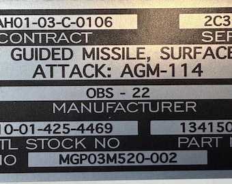 AGM-114 Hellfire Missile ID Tag Stickers: Replica Label/ Sticker| Military Aviation | Apache Helicopter.