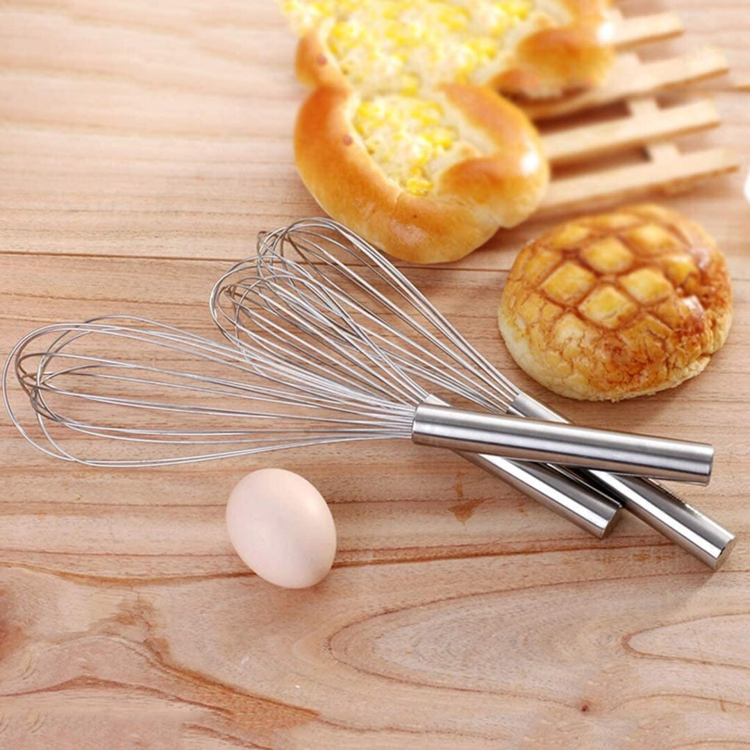 Long Kitchen Hand Wire Egg Whisker - Pack of 3 - Stainless Steel Whipper  with Wooden Handle Heavy Duty Handled Food Whisk