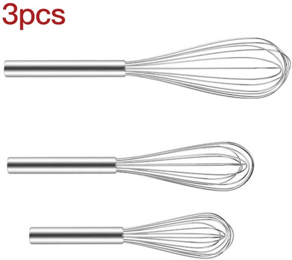 Long Kitchen Hand Wire Egg Whisker - Pack of 3 - Stainless Steel Whipper  with Wooden Handle Heavy Duty Handled Food Whisk