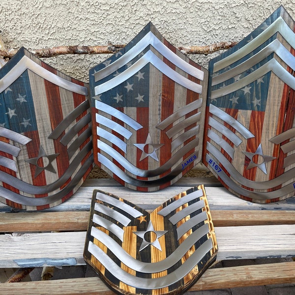 Wood and Metal Air Force Military Rank Stripes Wall Plaque ~ Free Shipping ~ Thin Red Line and Thin Blue Line Available also