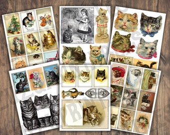Puede incluir: Una colección de ilustraciones vintage con gatos. Las imágenes incluyen gatos jugando, durmiendo y mirando al espectador. Algunas de las imágenes son en blanco y negro, mientras que otras son en color. Todas las imágenes están en un estilo vintage.