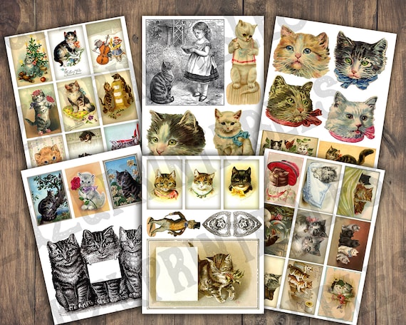 Vintage Cats / Instant Digital Download / Cat Scrapbook Junk Journal / Antique Ephemera  / ATC Fussy Cuts / Collage Sheets