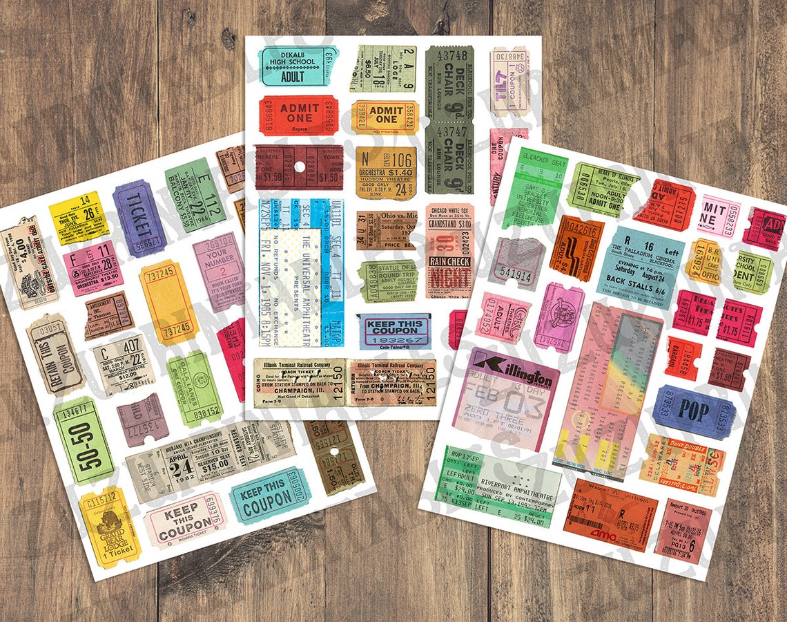 Vintage Ticket Stubs / Instant Digital Download / Retro Collage Sheets