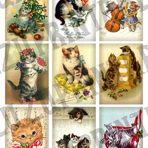 May include: Nine vintage postcards featuring adorable kittens in various poses. Some kittens are wearing bows, holding flowers, or playing musical instruments. The postcards have festive greetings like "Birthday Wishes" and "Bonne Ann&eacute;e".