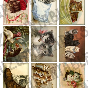 May include: Nine vintage postcards featuring various images of cats. The cats are depicted in different poses and settings, including a cat wearing a hat, a cat looking at a goldfish bowl, and a cat sitting in a shoe.