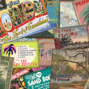 Vintage FLORIDA Ephemera / 50+ Immagini / Download digitale istantaneo / Fogli collage FL retrò / Kit diario spazzatura Shabby / Scrapbook antico