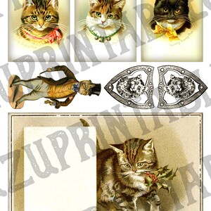 May include: A vintage collage featuring four images of cats. The top row shows three cats, two tabby cats with pink and green collars and one black cat with a yellow bow. The bottom row shows a tabby cat holding a sprig of holly.