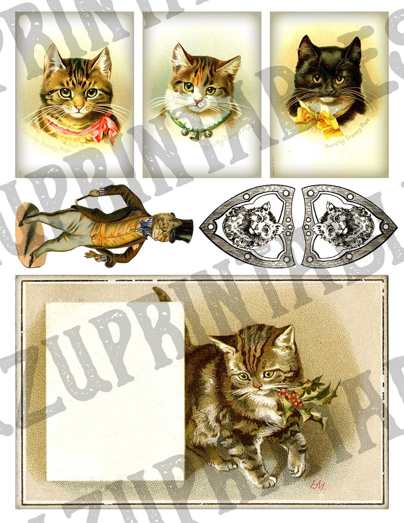 May include: A vintage collage featuring four images of cats. The top row shows three cats, two tabby cats with pink and green collars and one black cat with a yellow bow. The bottom row shows a tabby cat holding a sprig of holly.