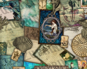 Può includere: Un collage di immagini in stile vintage con tema nautico. Il collage presenta sirene, conchiglie, ancore, bussole e altre immagini ispirate all'oceano. Le immagini sono disposte in modo casuale e hanno un aspetto sbiadito e antico.