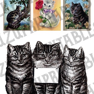 May include: Three black and white illustrations of cats. The cat in the middle is holding a blank sign.