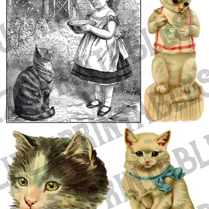 May include: A collection of vintage illustrations featuring cats. One image shows a girl in a dress feeding a cat from a bowl. Another image shows a cat wearing a bib and holding a spoon. The remaining two images show close-ups of cats' faces.