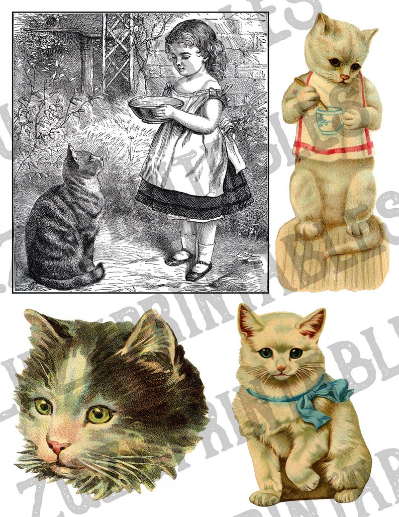May include: A collection of vintage illustrations featuring cats. One image shows a girl in a dress feeding a cat from a bowl. Another image shows a cat wearing a bib and holding a spoon. The remaining two images show close-ups of cats' faces.