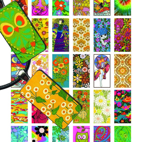 Vintage 60s 70s Hippie 1x2 Rectangle Collage Sheet Digital Download Domino Pendant Psychedelic Designs 15x30mm Printable Jewelry Cabochon