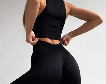 Black Women Fitness Set, High waisted leggings & tank top, Booty Leggings, Push up Leggings, Sexy Leggings, Sexy Yoga Set, Gym Fitness Set