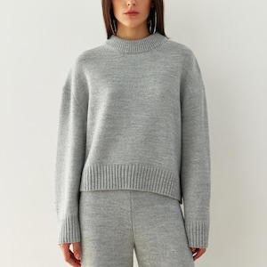 Grey Two piece Wool Loungewear Set Knitted Matching Set Knitwear Lounge Set Wool sweater &  Palazzo Pants Women&#39;s Warm Cozy Knit Suit