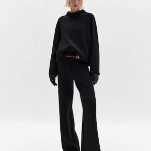 Black Two piece Wool Loungewear Set Knitted Matching Set Knitwear Lounge Set Wool sweater &  Palazzo Pants Women&#39;s Warm Cozy Knit Suit