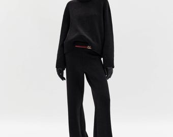 Black Two piece Wool Loungewear Set Knitted Matching Set Knitwear Lounge Set Wool sweater &  Palazzo Pants Women's Warm Cozy Knit Suit