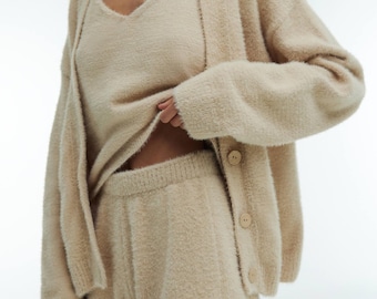 Women Cozy Loungewear Set Fluffy Pajama Set Knit Lounge Set Soft Knitwear Pjs Sleepwear Matching Set 3-Piece Set Handmade Gift for her
