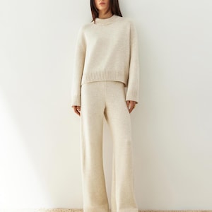Beige Two piece Wool Loungewear Set Knitted Matching Set Knitwear Lounge Set Wool sweater &  Palazzo Pants Women&#39;s Warm Cozy Knit Suit