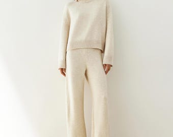 Beige Two piece Wool Loungewear Set Knitted Matching Set Knitwear Lounge Set Wool sweater &  Palazzo Pants Women's Warm Cozy Knit Suit