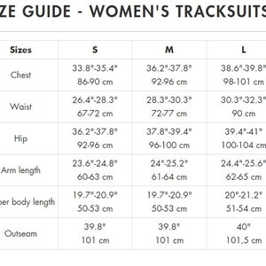 May include: Size chart for women's tracksuits with measurements in inches and centimeters. The chart shows sizes S, M, and L with measurements for chest, waist, hip, arm length, upper body length, and outseam.