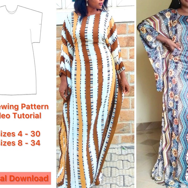 PDF Sewing Pattern for Kaftan with Tie Belts Inside / Maxi Dress Digital Instant Download / A4 / US Letter/ A0/ Print at Home