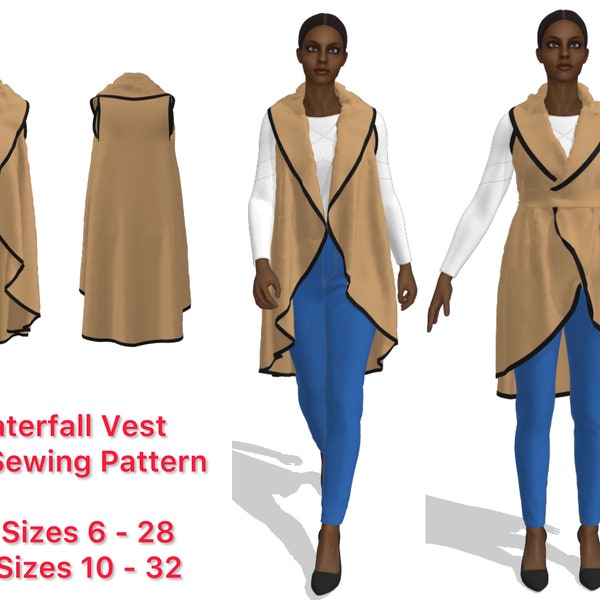 Circle Waterfall Vest PDF Sewing Pattern / Sleeveless Circular Coat Jacket Instructions / Digital Download / Print at Home / A4 / US Letter