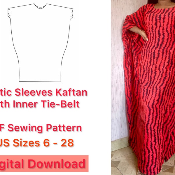 PDF Sewing Pattern Elastic Sleeves Kaftan with Tie Belt / Invisible Belt Caftan Maxi Dress / Instant Digital Download / A4 A0 Letter Size