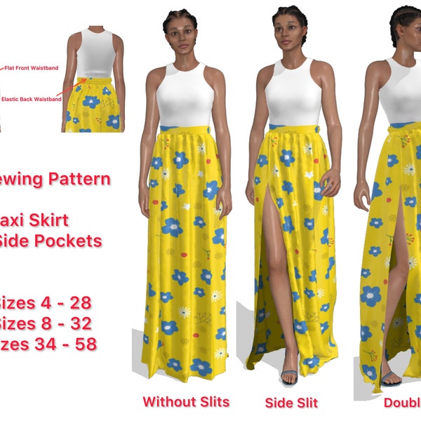 PDF Sewing Pattern Maxi Skirt with Side Pockets / Long Skirt Flat Front Half Gathered Waistband / Side and Double Slit /  / Digital Download