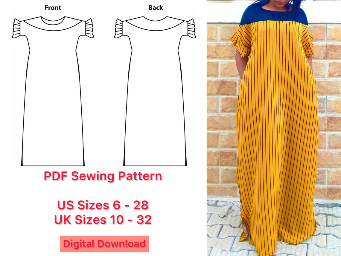 Yoke Maxi Dress With Flared Cuffs and Side Pockets PDF Sewing Etsy