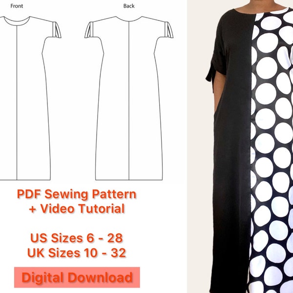 PDF Sewing Pattern Two Tone Maxi Dress / Coordinating Color Fabric Tie Cuffs Kaftan / A0 A4 US Letter / Digital Download / Print at home