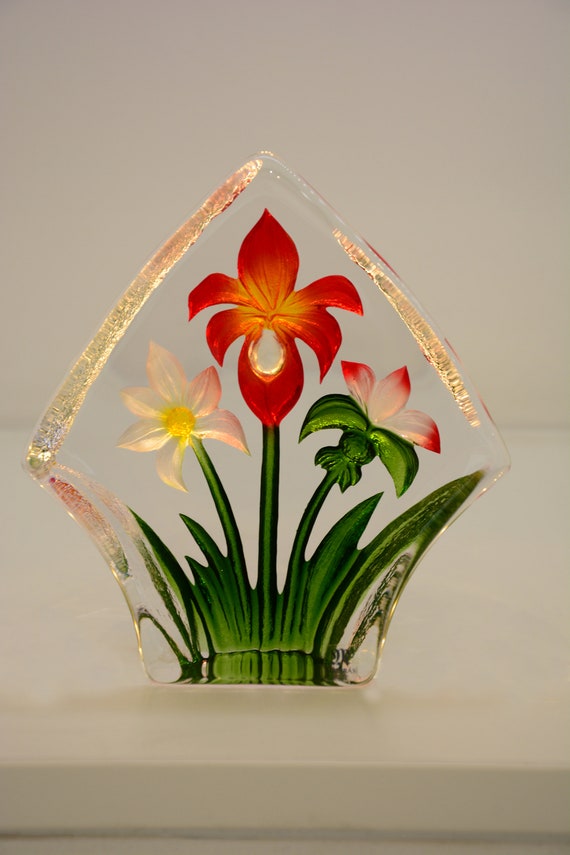 Red Orchid Mats Jonasson クリスタル Art Glass
