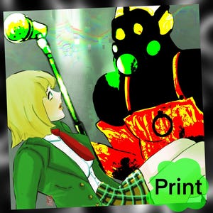 May include: Digital art print showing a blonde person in a green blazer and red tie, gazing upwards at a black figure with yellow and green details. A green staff is held up. The word "Print" is in a green bubble.