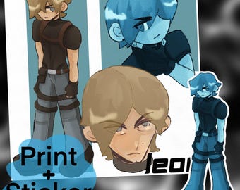 May include: A print and sticker set featuring anime-style illustrations of a character in various poses. The character has short, layered hair and is wearing a black top, gray pants, and gloves. The text "Print + Sticker" is visible.