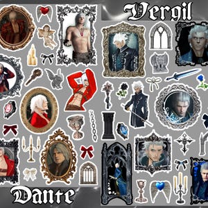 Könnte beinhalten: Ein Aufkleberbogen mit verschiedenen Illustrationen von Dante und Vergil, darunter Porträts in verzierten Rahmen, gotische Architekturelemente, Kerzen, Rosen, Schleifen und Schwerter. Der Text Dante und Vergil ist oben und unten aufgedruckt.