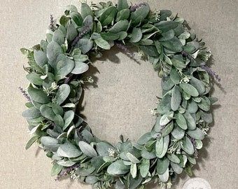 Spring Lavender Lambs Ear Wreath, Purple Spring Wreath, Small Wreath For Door, Year Round Wreath, Summer Greenery Wreath With White Flowers