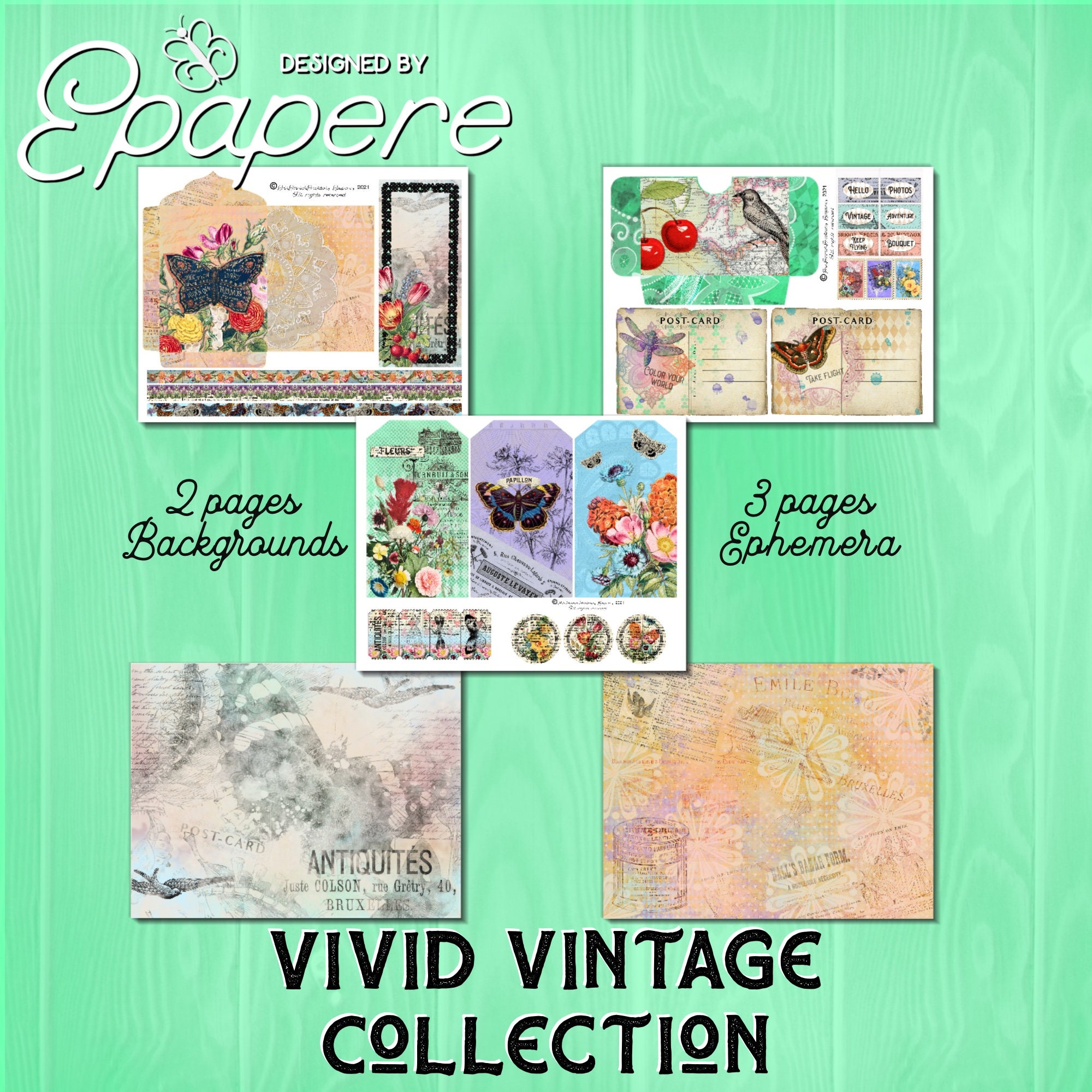 Junk Journal Kit Ephemera Pack Digital Paper | Vivid Vintage Collection ...