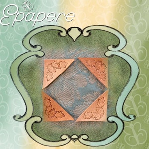 May include: Four copper-colored corner protectors with leaf designs, arranged in a square, set against a patterned fabric. The image is framed by a green and cream decorative border, with the word "Epapere" in white script at the top.