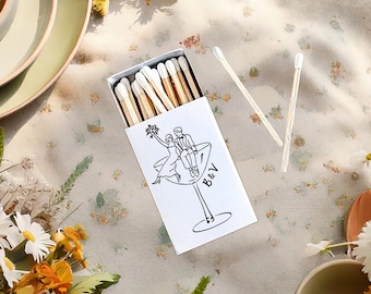 Couple on Coupe Glass Matchboxes: Personalized Whimsical Wedding Favors