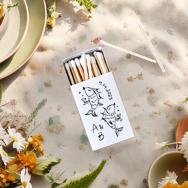 Whimsical Fish Sketch Matchboxes: Nautical Wedding, Beach Party Favors