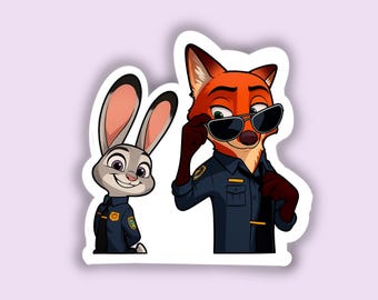 May include: A sticker featuring two cartoon characters from Zootopia. One is a gray rabbit in a police uniform, and the other is an orange fox in a police uniform wearing sunglasses. The sticker has a white border.